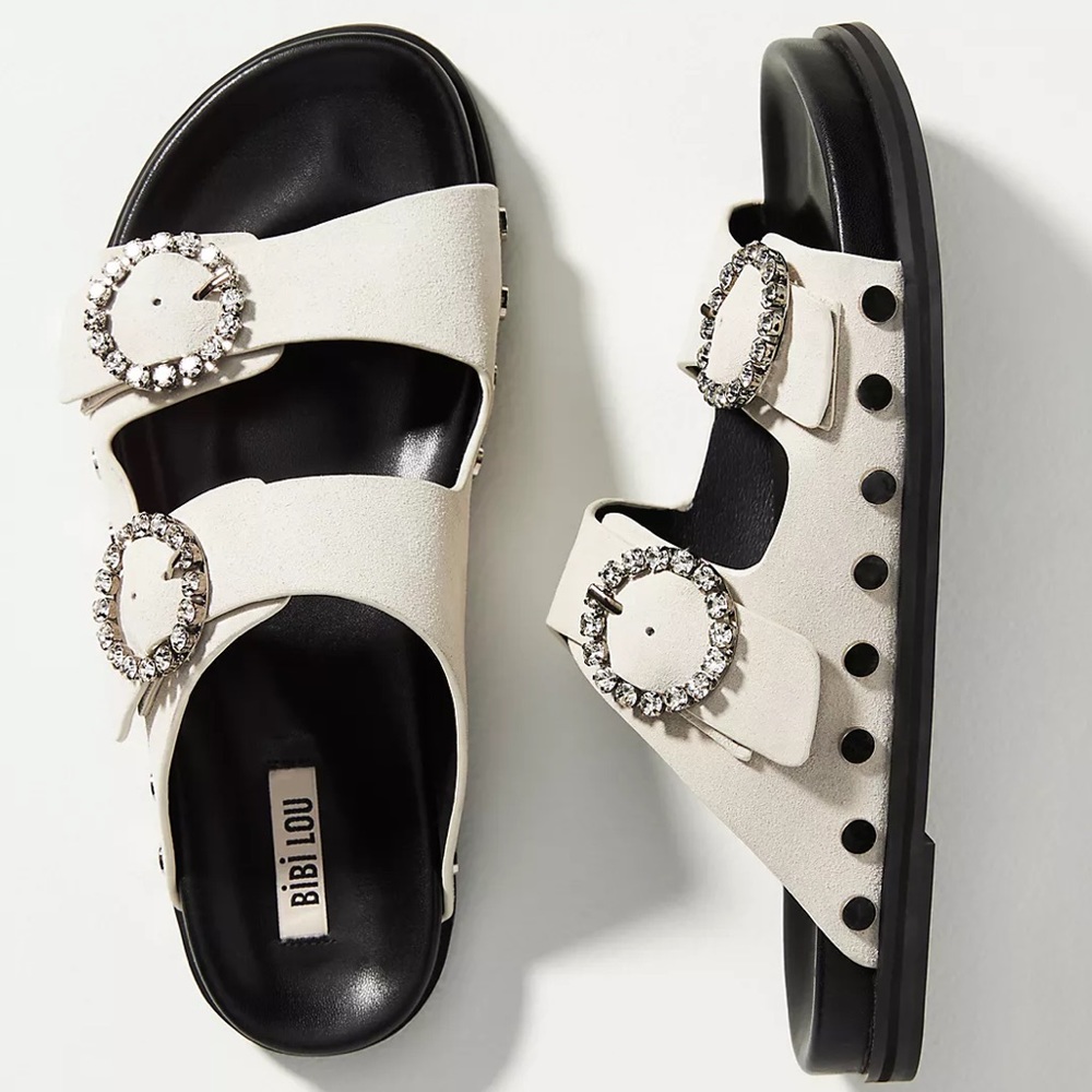 New Bibi Lou x Anthropologie 7 Leather White Black Rhinestone Crystals Slip-On